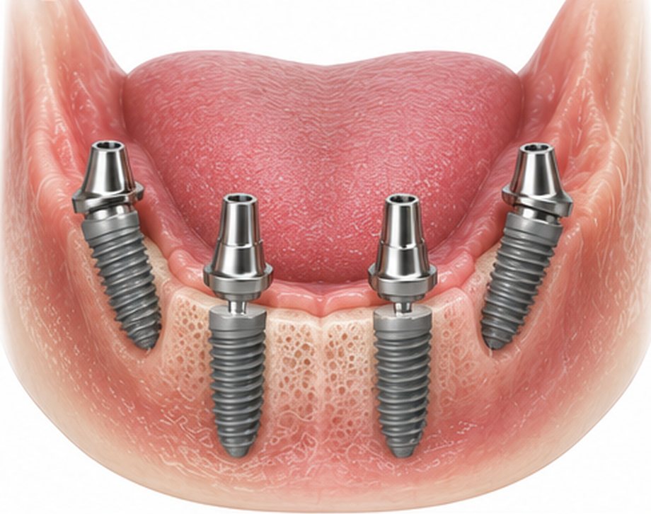 Arcata inferiore senza denti con quattro impianti: i due posteriori sono inclinati