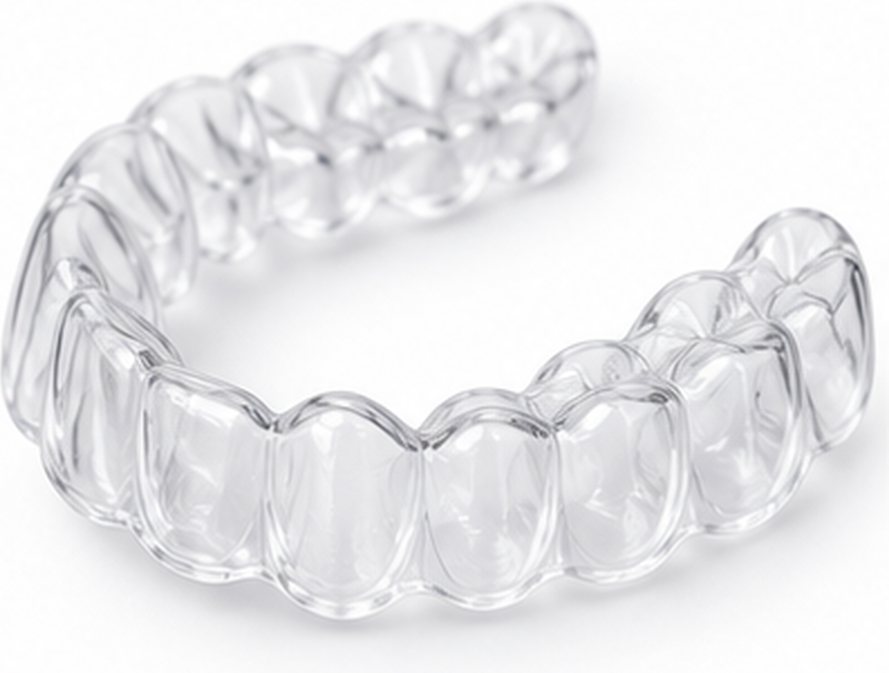Una mascherina trasparente con la forma dell’arcata dentale