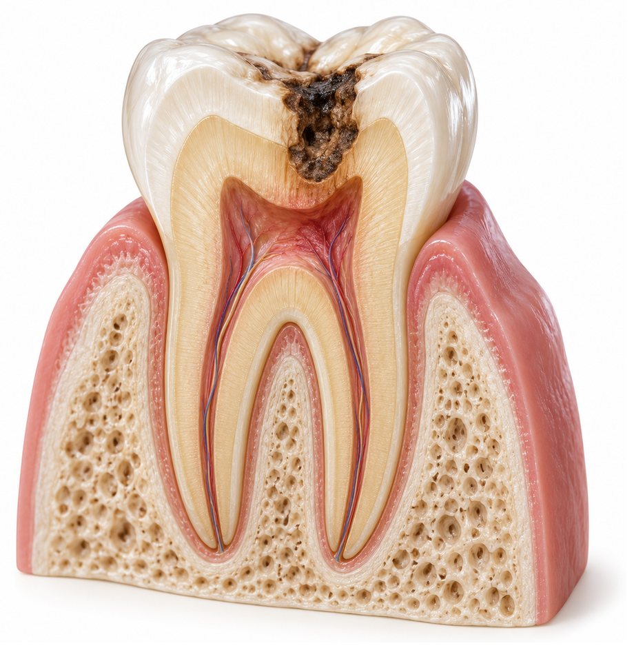 Sezione di un molare con una carie che ha superato lo smalto e la dentina fino ad avvicinarsi alla polpa