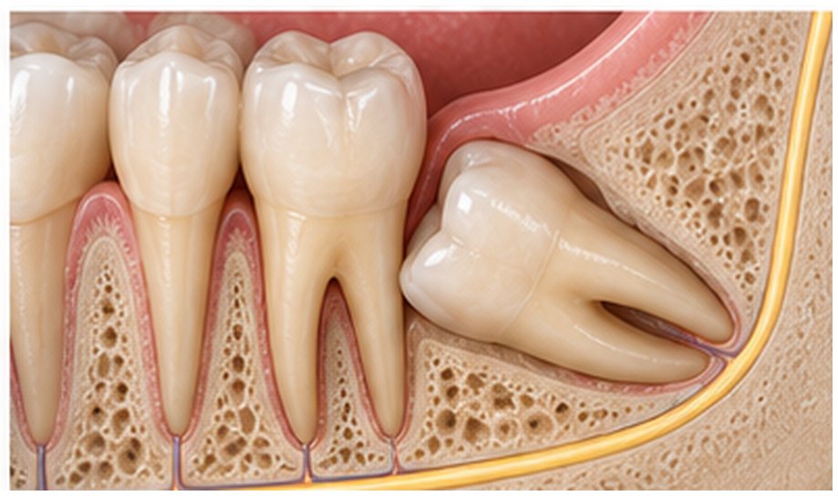 Sezione della mandibola: il dente del giudizio è inclinato e spinge contro il molare davanti a sé