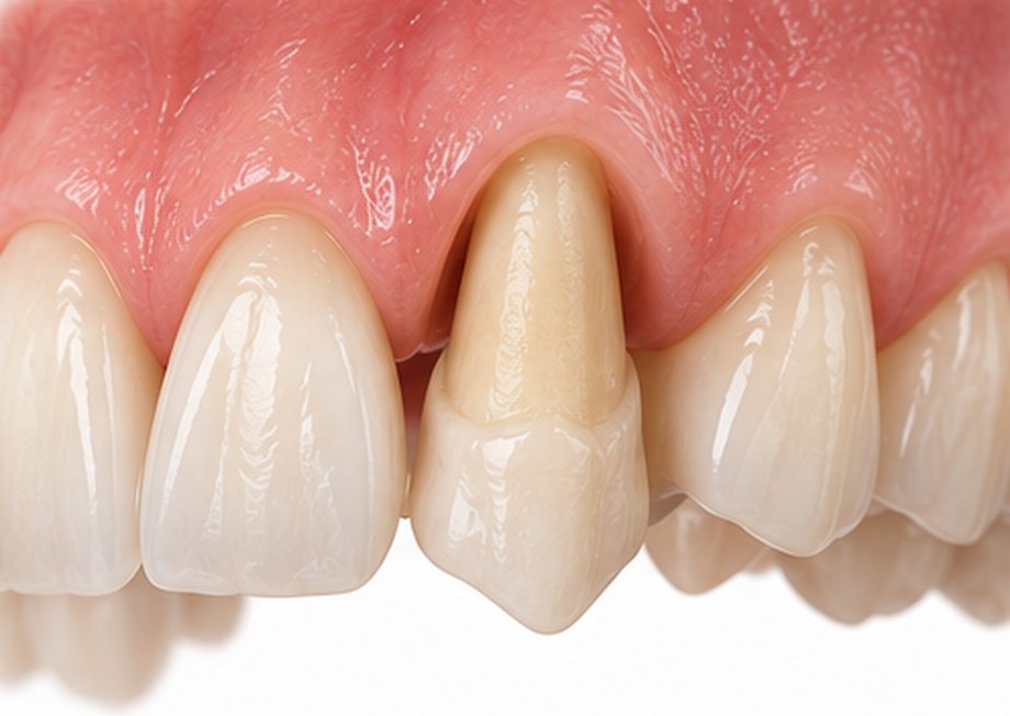 Dente superiore ridotto di dimensione per fare spazio alla corona, tra i denti vicini intatti