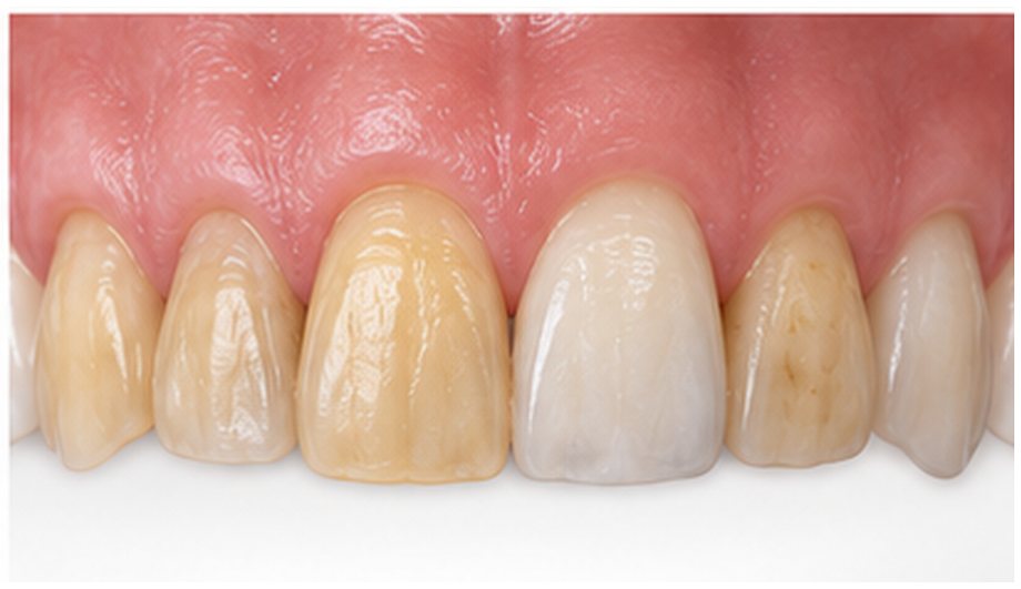 Denti superiori davanti: uno ha un colore più scuro degli altri