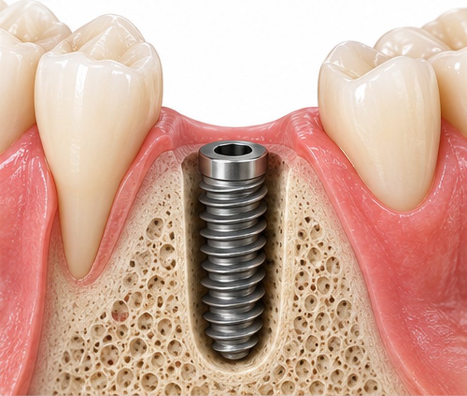 Sezione dell’osso con un impianto dentale inserito tra due denti, ancora senza corona