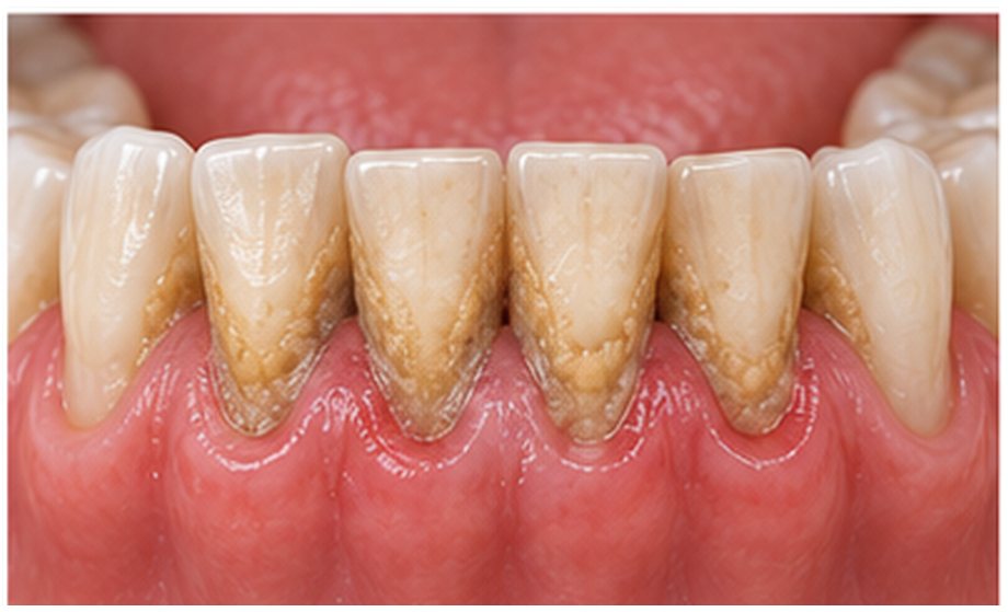 Denti inferiori davanti con depositi di tartaro vicino alla gengiva